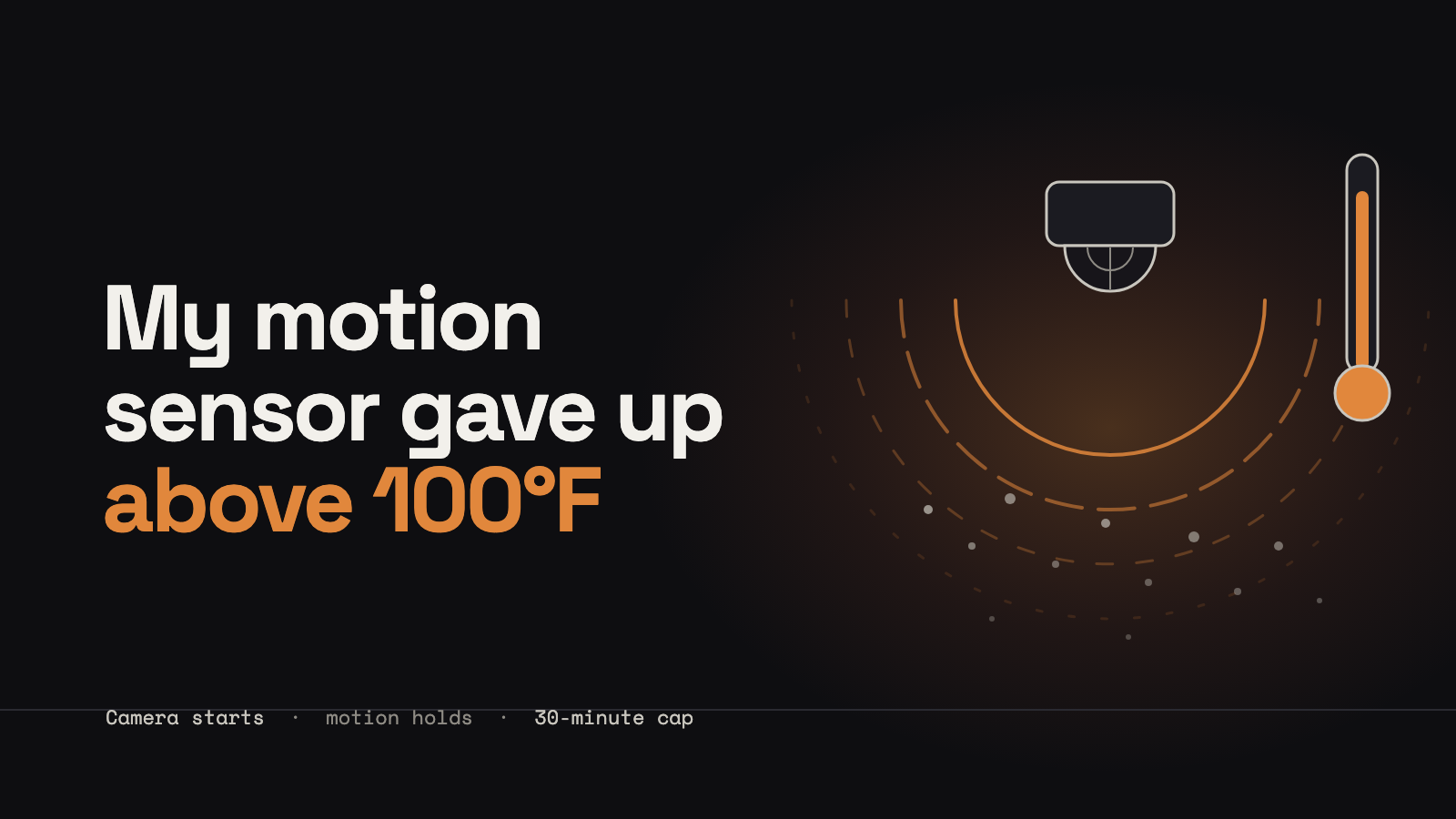 An abstract dark scene: a dome-shaped motion sensor whose orange heat rings fade out against a warm background, with drifting droplets of spray, next to the title My motion sensor gave up above 100°F.