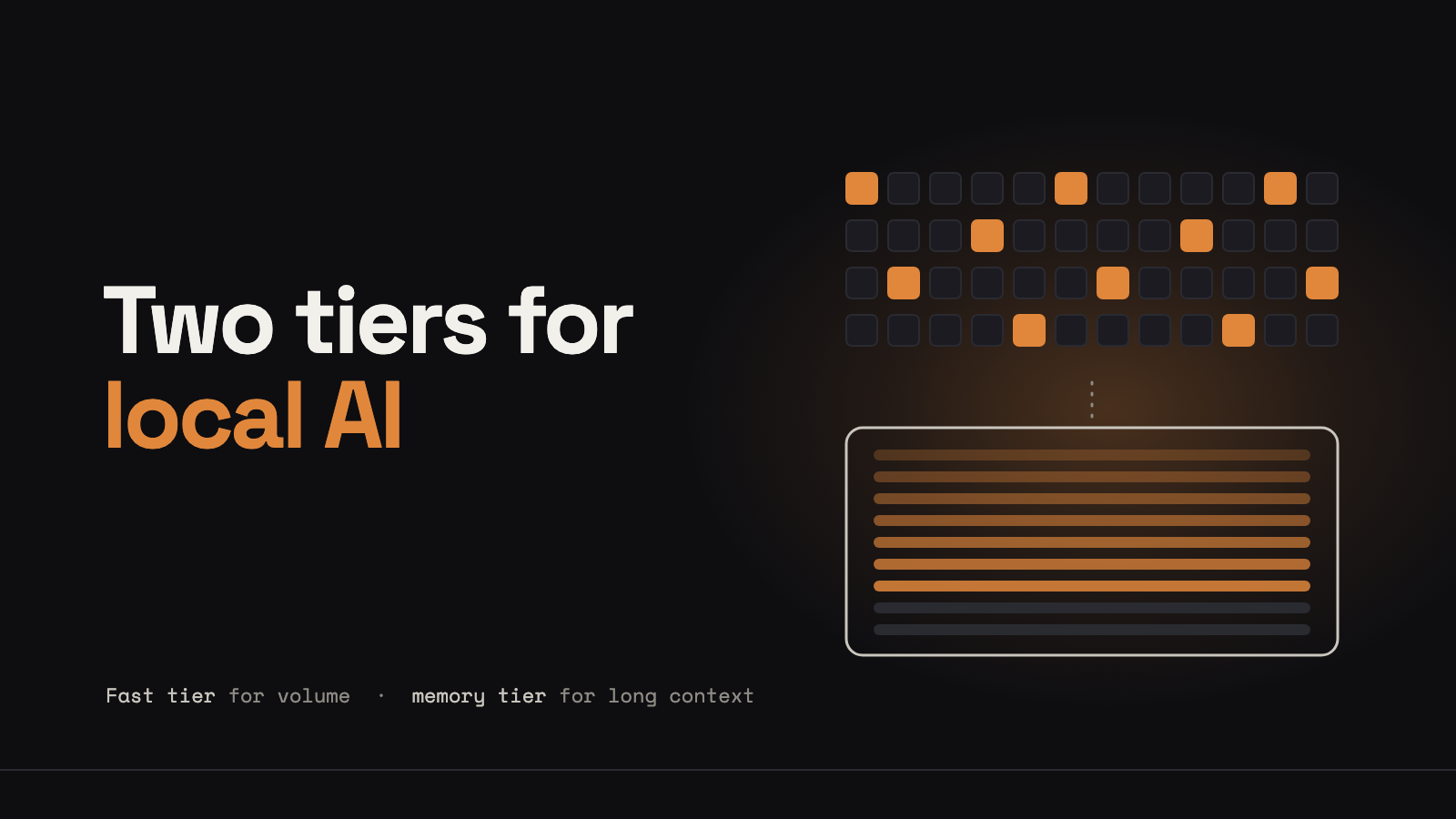 Abstract dark graphic: a grid of small squares with a few lit orange above one large panel of stacked orange bars, next to the title Two tiers for local AI.